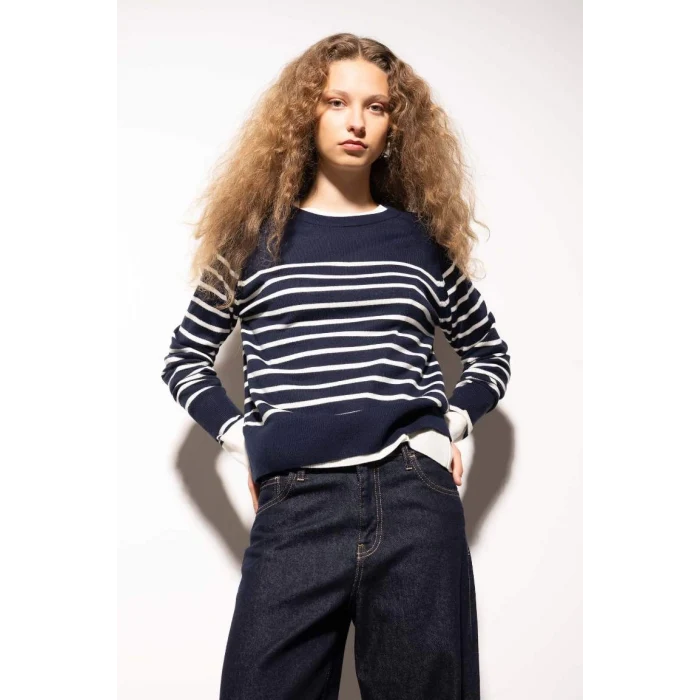 Z1317 Regular Fit Bisiklet Yaka Çizgili Kazak