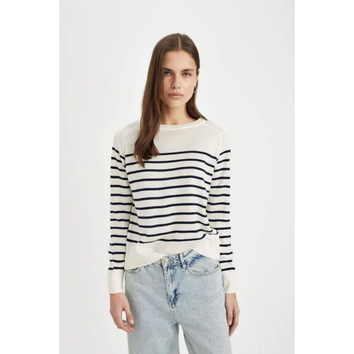 Z1317 Regular Fit Bisiklet Yaka Çizgili Kazak