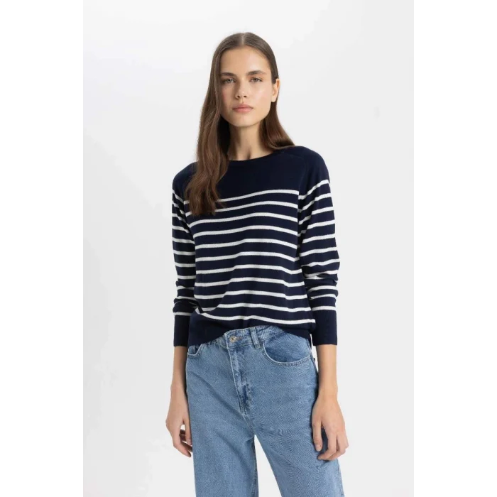 Z1317 Regular Fit Bisiklet Yaka Çizgili Kazak