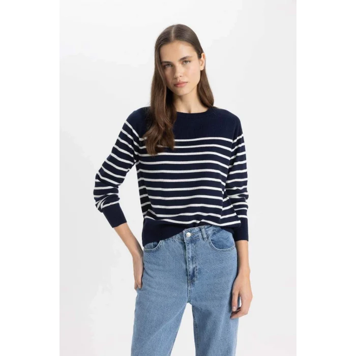 Z1317 Regular Fit Bisiklet Yaka Çizgili Kazak