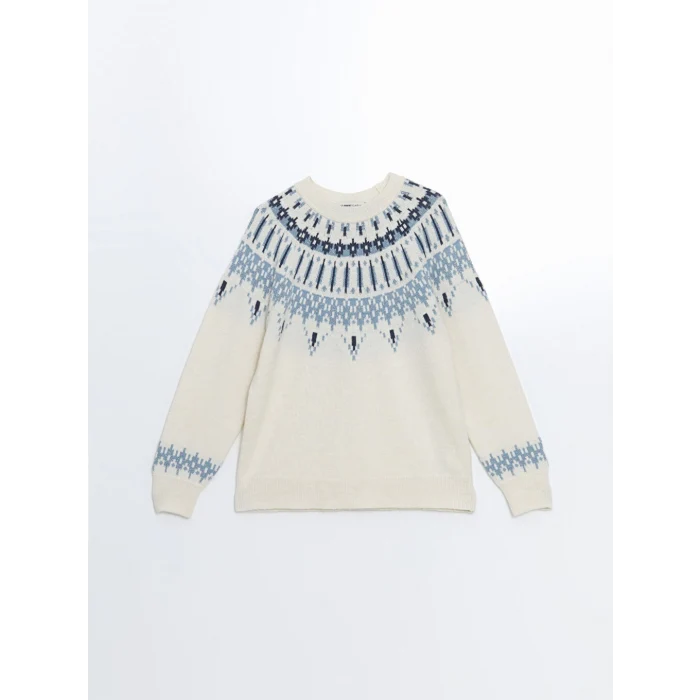 LCWAIKIKI Basic Ekru Bisiklet Yaka Desenli Kadın Triko Kazak