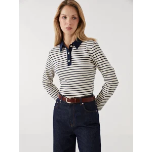 LCWAIKIKI Basic LACİVERT Polo Yaka Çizgili Kadın Tişört