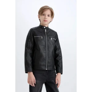 Defacto Siyah Erkek Çocuk Su İtici Dik Yaka Suni Deri Ceket Mont