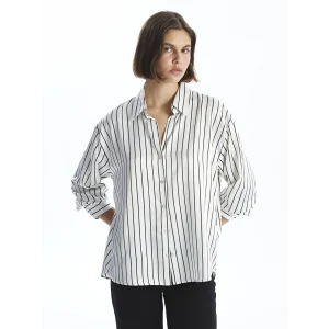 LCW Vision SİYAH Çizgili Uzun Kollu Oversize Saten Kadın Gömlek
