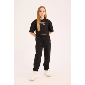 Defacto Siyah Kız Çocuk 2li Takım Bisiklet Yaka Baskılı Kısa Kollu Tişört Beli Paçası Lastikli Eşofman Altı