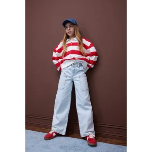 Defacto D711 Mavi Kız Çocuk Paperbag Kargo Geniş Paça Pamuklu Pantolon