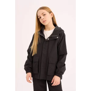 Defacto D6934 Siyah Kız Çocuk Su İtici Kapüşonlu Fermuarlı Çıtçıt Kapamalı Cepli Yağmurluk