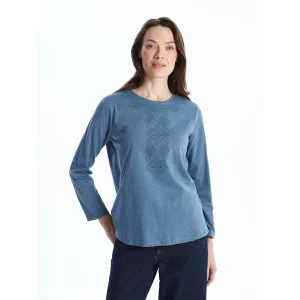 LCW Grace İNDİGO Bisiklet Yaka Nakışlı Kadın Bluz
