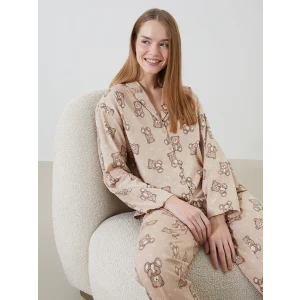 LCW Young BEJ Gömlek Yaka Desenli Kadın Pijama Takımı