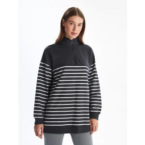 LCW Modest GRİ Dik Yaka Çizgili Kadın Sweatshirt Tunik