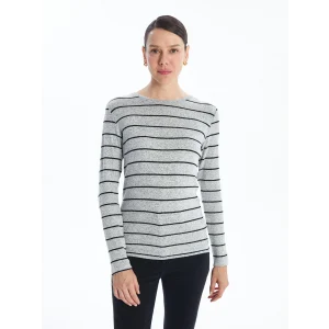 LCWAIKIKI Classic GRİ Bisiklet Yaka Çizgili Kadın Tişört