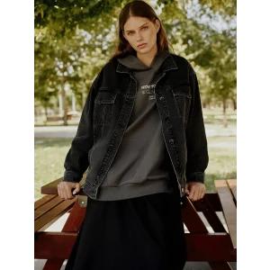 LCW Modest SİYAH Gömlek Yaka Oversize Kadın Jean Ceket