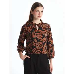 LCWAIKIKI Classic KAHVERENGİ Bağlamalı Yaka Desenli Kadın Bluz
