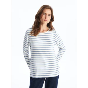 LCWAIKIKI Basic MAVİ Bisiklet Yaka Çizgili Kadın Tişört