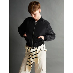 XSIDE SİYAH Kolej Yaka Crop Kadın Bomber Mont