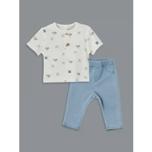LCW baby EKRU Bisiklet Yaka Baskılı Erkek Bebek Tişört ve Pantolon 2li