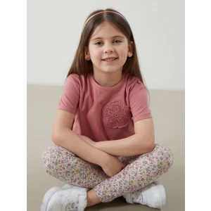 LCW Kids PEMBE Bisiklet Yaka Çiçekli Kız Çocuk Tişört ve Tayt 2li