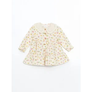 LCW baby EKRU Bebe Yaka Çiçekli Kız Bebek Elbise