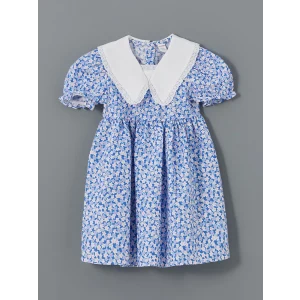 LCW Kids MAVİ Çiçekli Keten Karışımlı Kız Çocuk Elbise