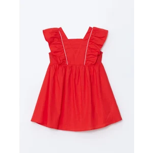 LCW Kids KIRMIZI Kare Yaka Keten Kız Çocuk Elbise