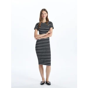 XSIDE SİYAH Bisiklet Yaka Çizgili Kadın Bodycon Elbise