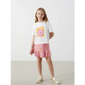 LCW Kids BEYAZ Bisiklet Yaka Çiçekli Kız Çocuk Tişört ve Etek