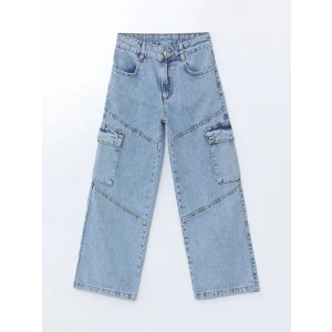 LCW Kids MAVİ Beli Ayarlanabilir Lastikli Kız Çocuk Kargo Jean Pantolon