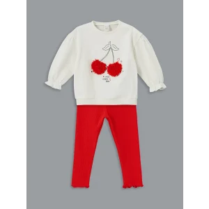 LCW baby EKRU Bisiklet Yaka Kiraz Baskılı Kız Bebek Sweatshirt ve Tayt 2li