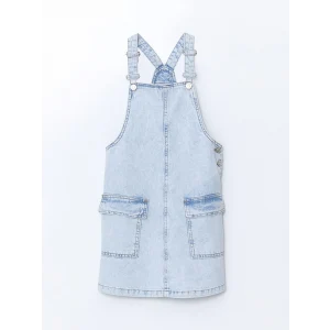 LCW Kids MAVİ Kare Yaka Kız Çocuk Jean Salopet Elbise