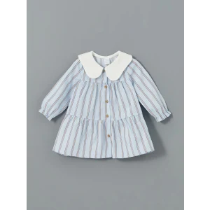 LCW baby MAVİ Bebe Yaka Çizgili Kız Bebek Poplin Elbise