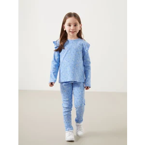 LCW Kids MAVİ Bisiklet Yaka Çiçekli Kız Çocuk Bluz ve Tayt 2li