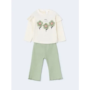 LCW baby EKRU Bisiklet Yaka Çiçekli Kız Bebek Bluz ve Tayt 2li