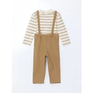 LCW baby KAHVERENGİ Bisiklet Yaka Çizgili Erkek Bebek Tişört ve Askılı Pantolon 2li