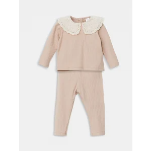 LCW baby BEJ Bebe Yaka Nakışlı Kız Bebek Bluz ve Tayt 2li