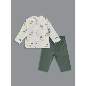 LCW baby EKRU Hakim Yaka Uzun Kollu Desenli Erkek Çocuk Gömlek ve Pantolon 2li Takım