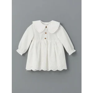 LCW baby EKRU Bebe Yaka Nakışlı Kız Bebek Elbise