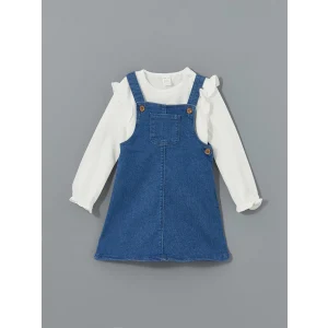 LCW baby İNDİGO Kare Yaka Kız Bebek Jean Salopet Elbise ve Tişört Takım
