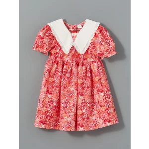 LCW Kids KIRMIZI Çiçekli Keten Karışımlı Kız Çocuk Elbise