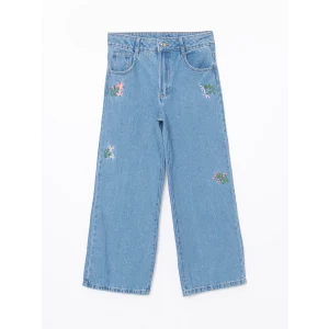 LCW Kids MAVİ Beli Ayarlanabilir Lastikli Çiçekli Kız Çocuk Jean Pantolon