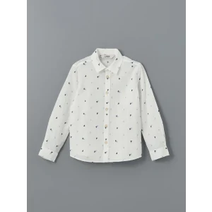 LCW Kids BEYAZ Baskılı Uzun Kollu Erkek Çocuk Gömlek