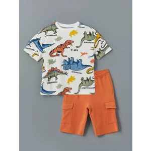 LCW Kids EKRU Bisiklet Yaka Baskılı Erkek Çocuk Tişört ve Şort 2li