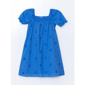 LCW Kids MAVİ Kare Yaka Fisto Detaylı Kız Çocuk Elbise