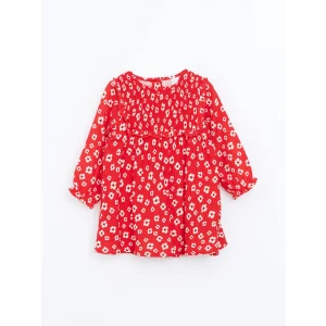 LCW baby KIRMIZI Bisiklet Yaka Uzun Kollu Çiçekli Kız Bebek Elbise