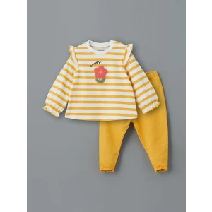 LCW baby EKRU Bisiklet Yaka Çiçekli Kız Bebek Bluz ve Tayt 2li