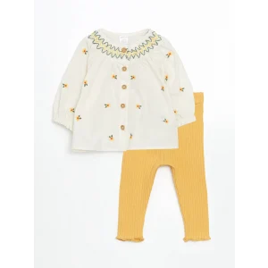 LCW baby EKRU Bisiklet Yaka Çiçekli Kız Bebek Gömlek ve Tayt 2li
