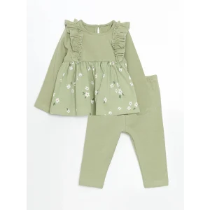 LCW baby YEŞİL Bisiklet Yaka Çiçekli Kız Çocuk Bluz ve Tayt 2li