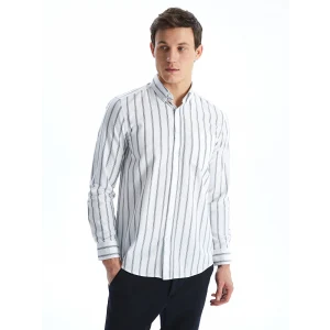 LCWAIKIKI Classic BEYAZ Regular Fit Uzun Kollu Çizgili Erkek Gömlek