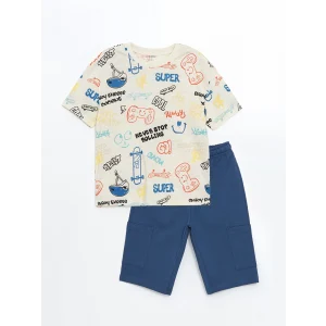 LCW baby BEJ Bisiklet Yaka Baskılı Erkek Bebek Tişört ve Şort 2li