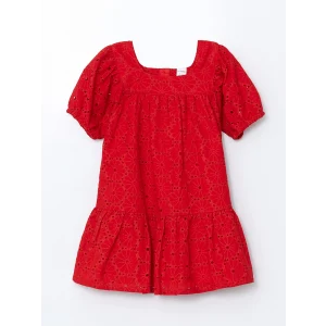 LCW Kids KIRMIZI Basic Dantel Brodeli Kız Çocuk Elbise