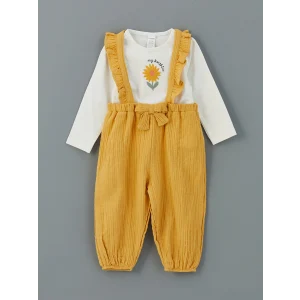 LCW baby EKRU Bisiklet Yaka Kız Bebek Bluz ve Askılı Pantolon 2li